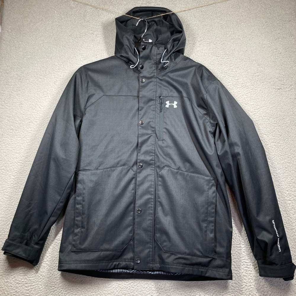 Under Armour ColdGear Hooded Coat Jacket Men L Black Sherpa Lined Loose Parka